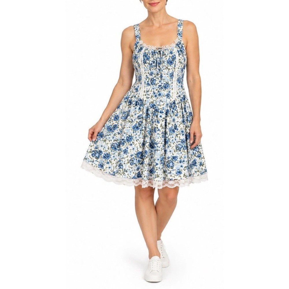 Wild Fable Women's Large Blue Floral Cotton Sundress Lace Trim NWT